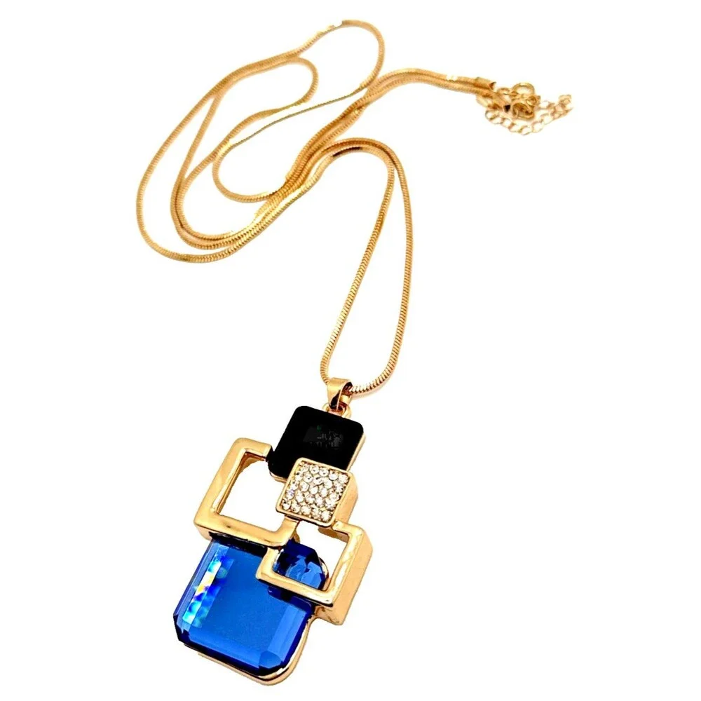 NEW Modernist Geometric Square Statement Necklace Blue Crystal Accents 32